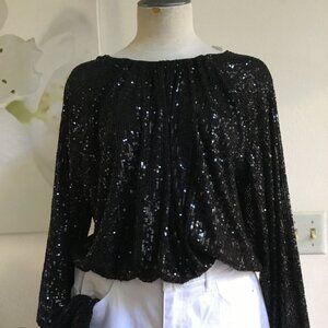 H & M Sequined Dressy Cropped Top Blouse Long Sleeve Elastic Waist Black M